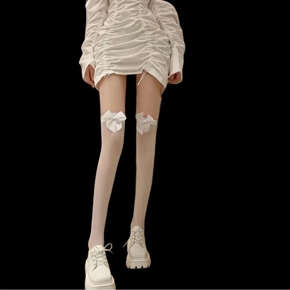 White Bow Thin Light Smooth Over The Knee‎ Socks Women's Stockings  One Size